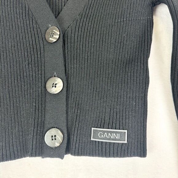Ganni Melange Knit Cardigan Size XS Black Ribbed Minimalist Classic - Picture 5 of 8
